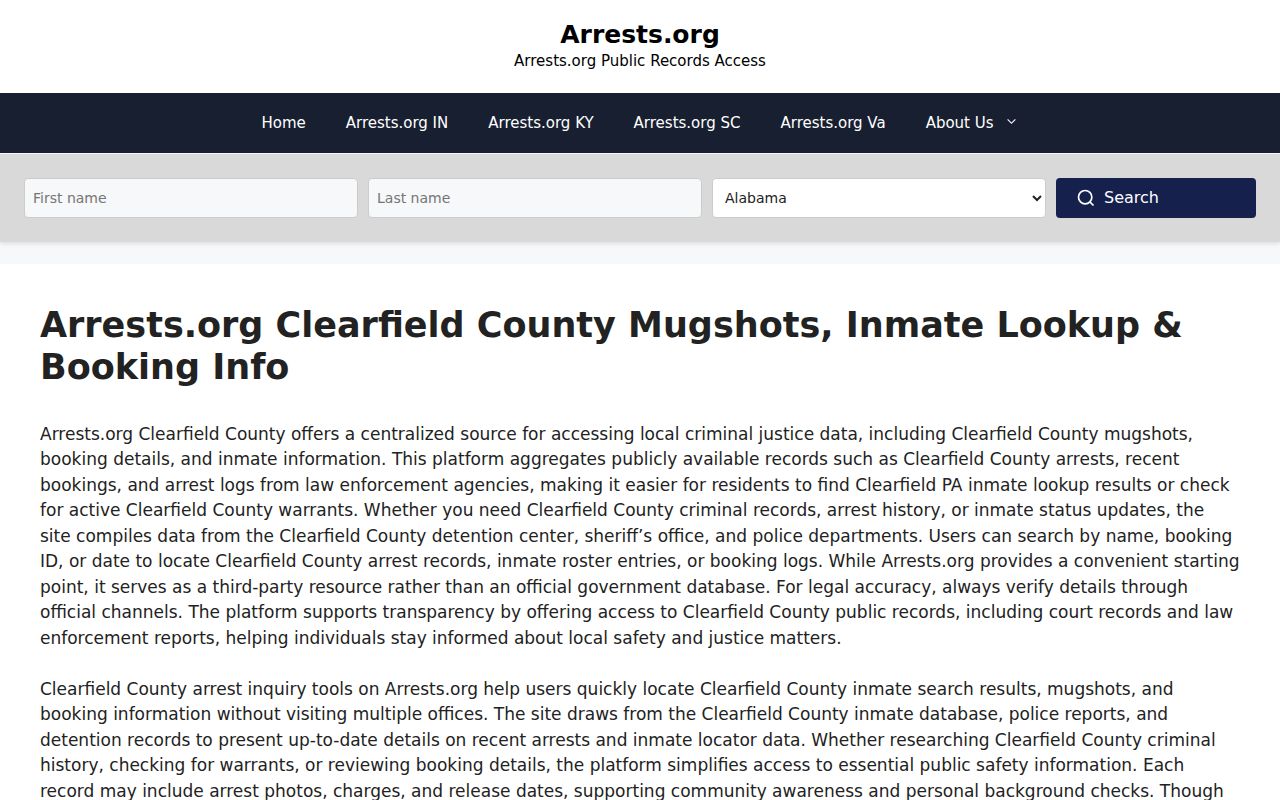 Unofficial Clearfield County mugshot and booking claim page source view