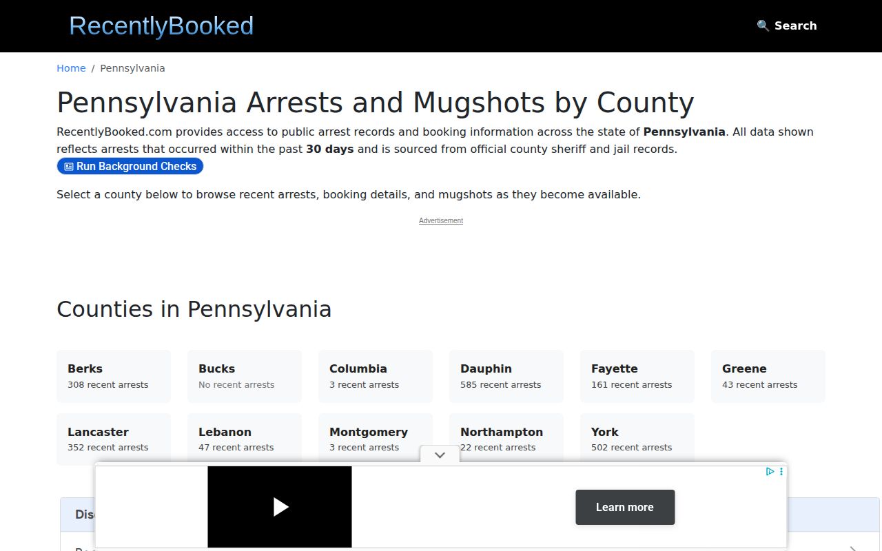 Pennsylvania county index showing no verified Clearfield County booking section