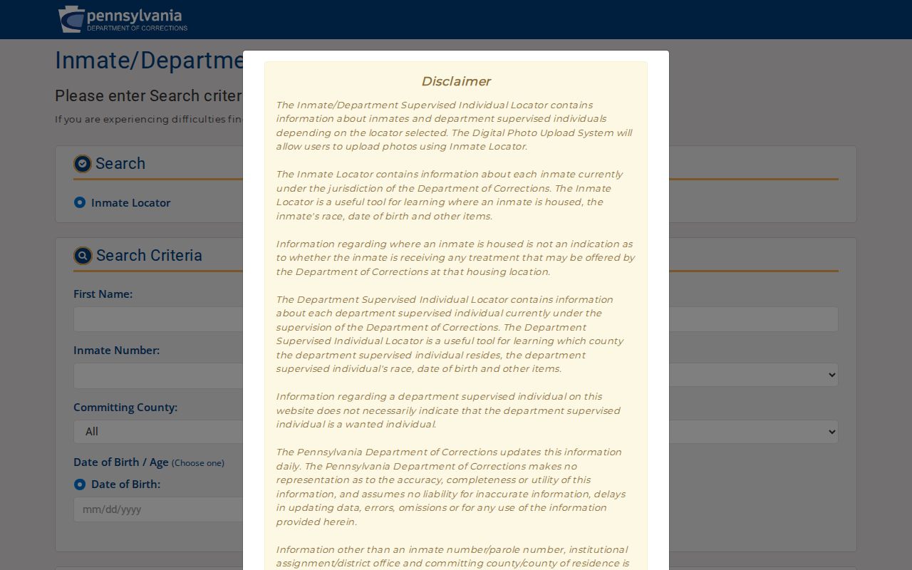 Pennsylvania Department of Corrections locator for Clearfield County state-custody record searches