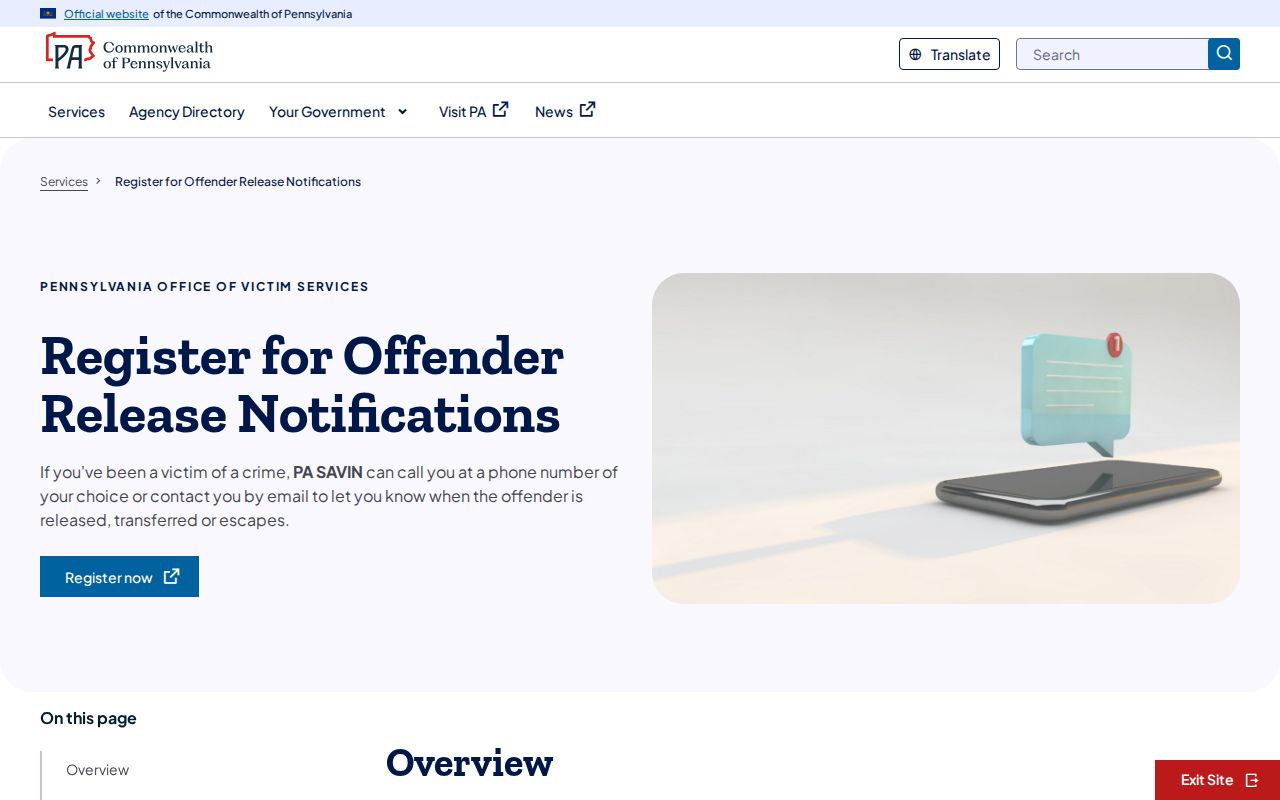 Pennsylvania PA SAVIN Clearfield County release and transfer notification registration