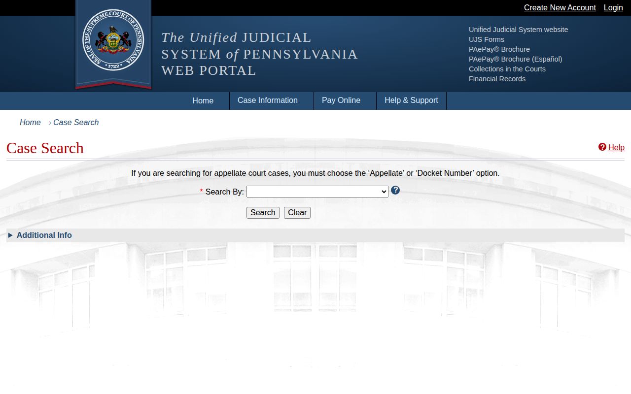 Pennsylvania UJS case search for Clearfield County arrest and court disposition records