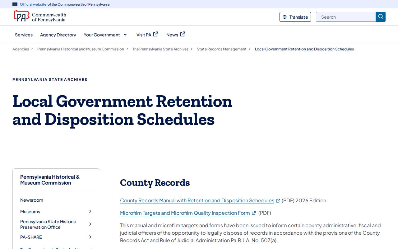 Pennsylvania State Archives Clearfield County public-record retention schedule information
